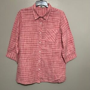 Goldwater Creek Short Sleeve Shirt M Pink Plaid Button Up Linen Cotton Preppy